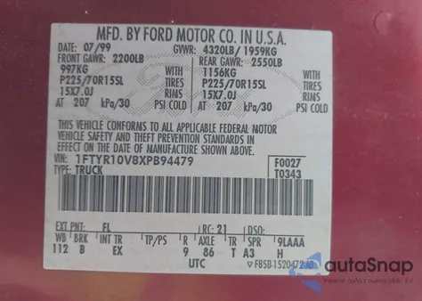 1999 Ford Ranger Xl/Xlt z USA, uszkodzony, nr VIN 1FTYR10V8XPB94479